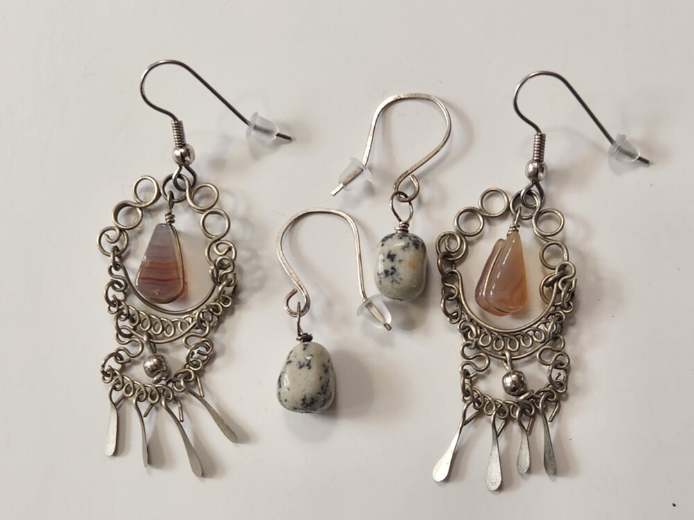 2 pr Natural Stone Earrings Alpaca Peruvian Banded Agate Dalmatian Jasper 925